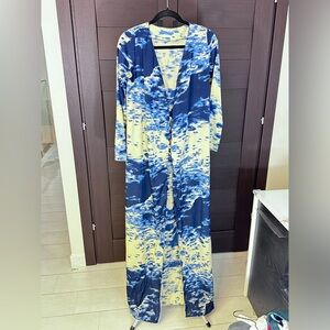 Blue and Yellow Long Sleeve Maxi Dress